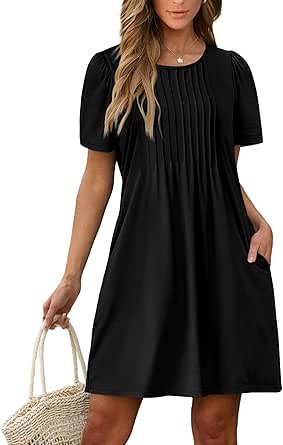 SAMPEEL Womens Pleated Front Summer Dresses Casual Short Sleeve T Shirts Dress with Pockets Vacation Beach Cover Up