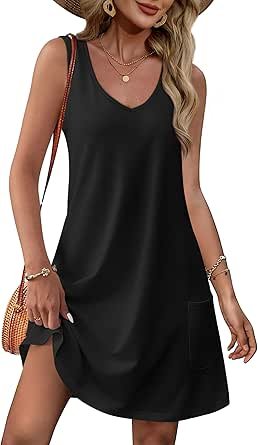 OFEEFAN Womens Summer Dresses 2025 V Neck Sleeveless Sundresses with Pockets Beach Vacation Clothes Floral/Plain